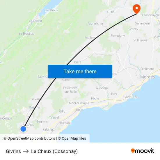 Givrins to La Chaux (Cossonay) map