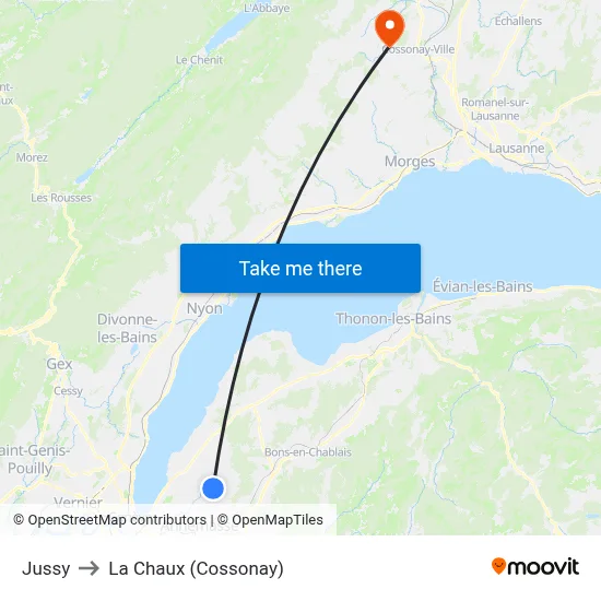 Jussy to La Chaux (Cossonay) map