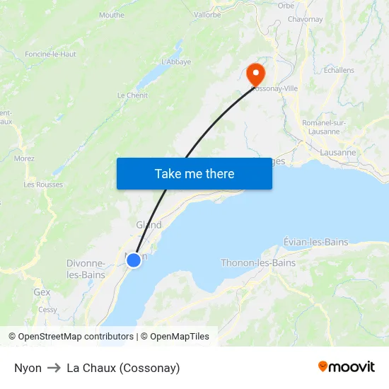 Nyon to La Chaux (Cossonay) map