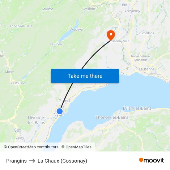 Prangins to La Chaux (Cossonay) map