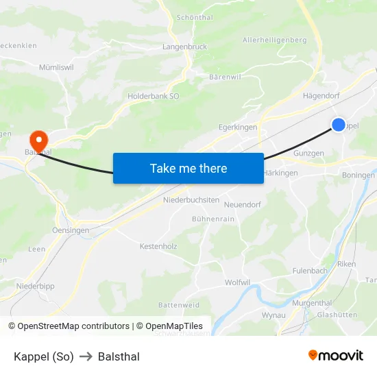 Kappel (So) to Balsthal map