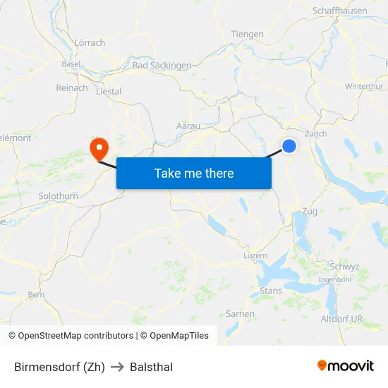 Birmensdorf (Zh) to Balsthal map