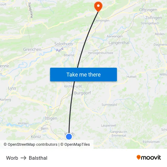 Worb to Balsthal map