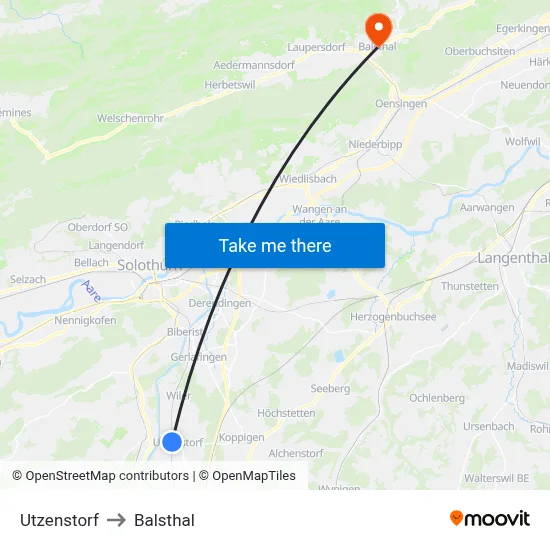 Utzenstorf to Balsthal map