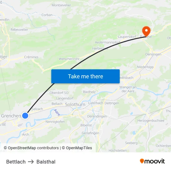 Bettlach to Balsthal map