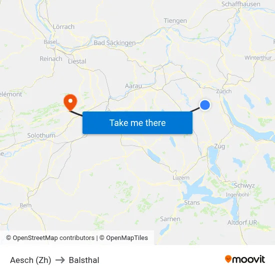 Aesch (Zh) to Balsthal map