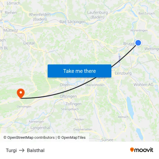 Turgi to Balsthal map