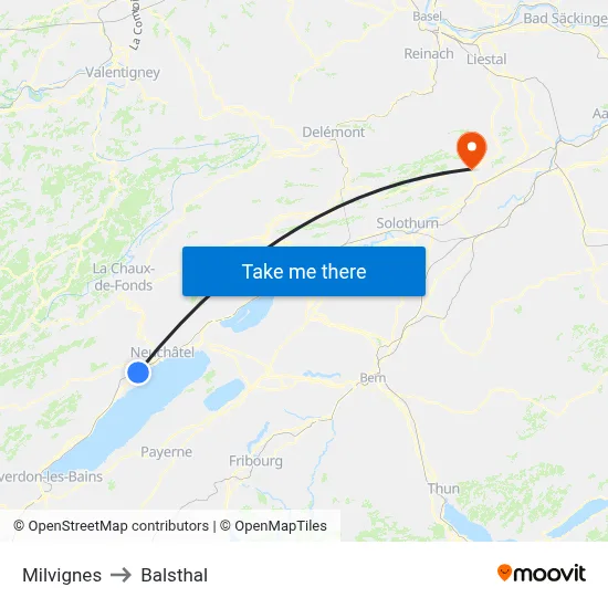 Milvignes to Balsthal map