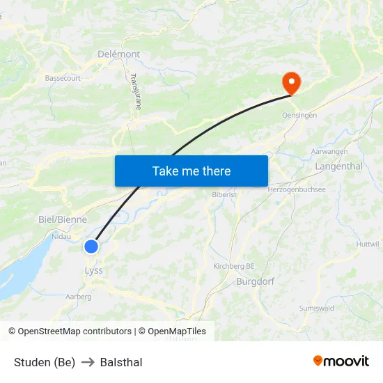 Studen (Be) to Balsthal map