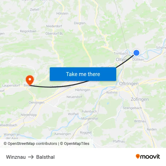 Winznau to Balsthal map