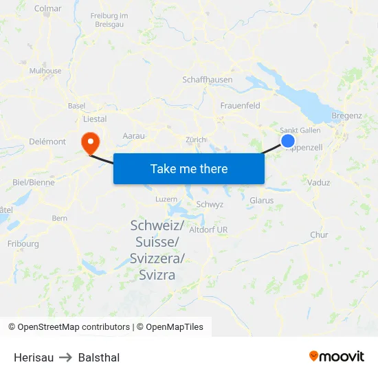 Herisau to Balsthal map