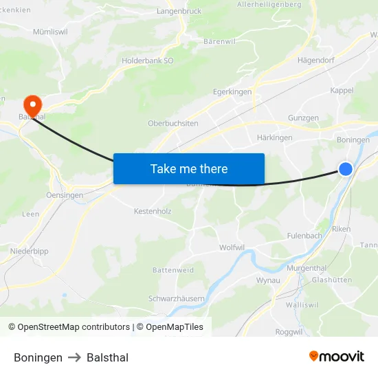 Boningen to Balsthal map
