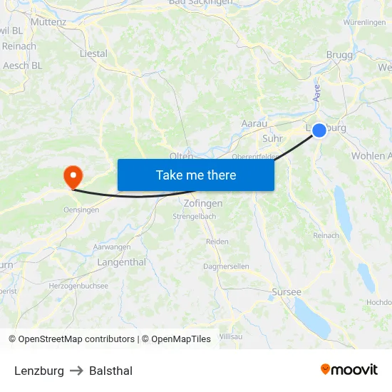 Lenzburg to Balsthal map