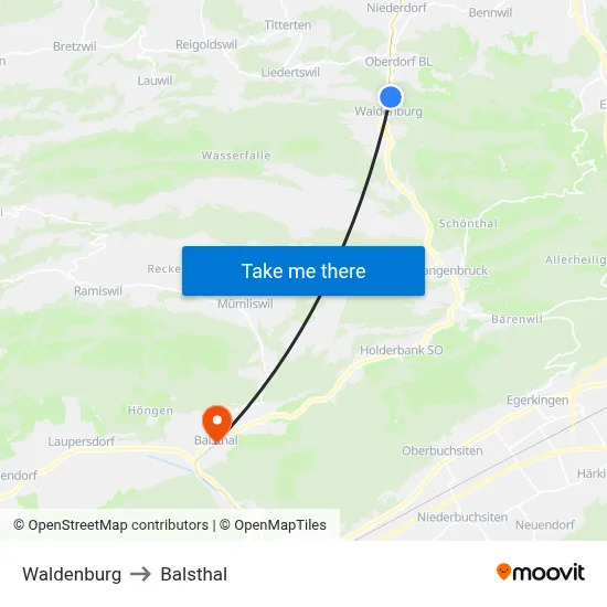 Waldenburg to Balsthal map
