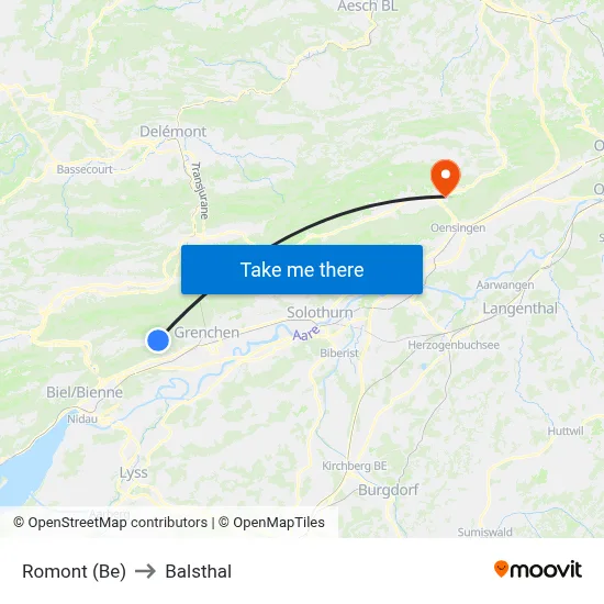 Romont (Be) to Balsthal map