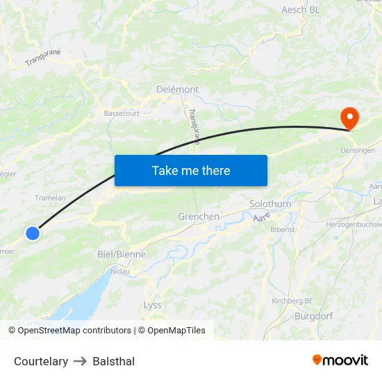 Courtelary to Balsthal map