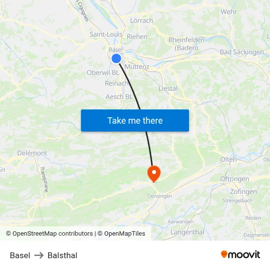 Basel to Balsthal map