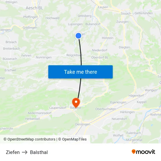 Ziefen to Balsthal map