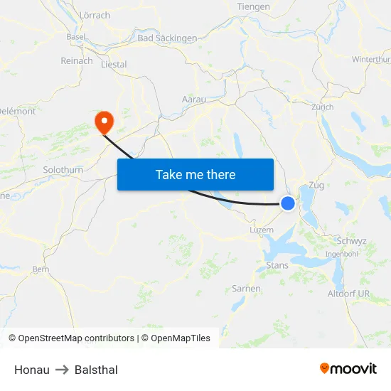 Honau to Balsthal map