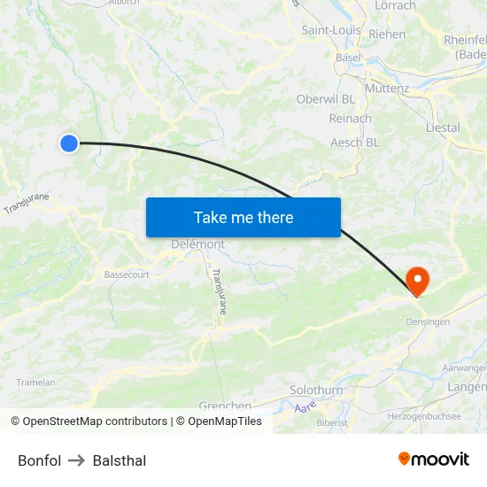 Bonfol to Balsthal map