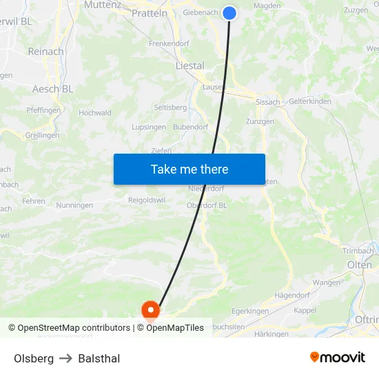 Olsberg to Balsthal map