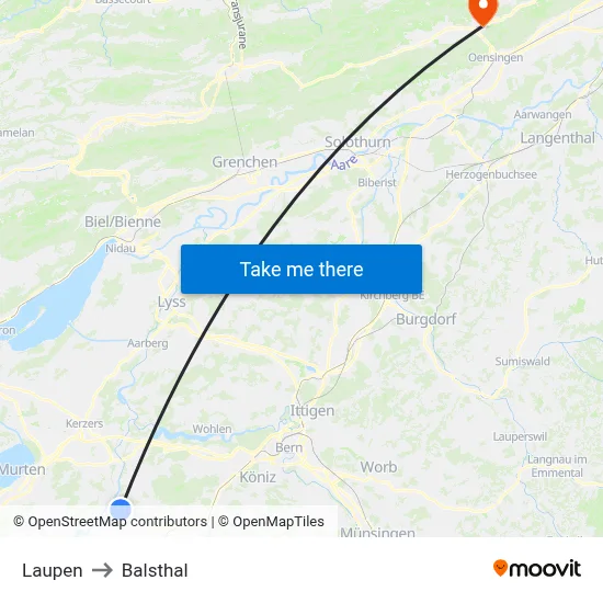 Laupen to Balsthal map