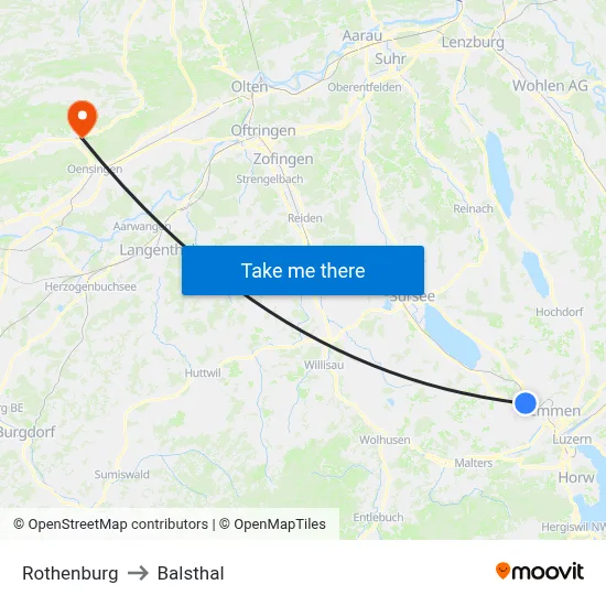 Rothenburg to Balsthal map