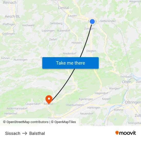 Sissach to Balsthal map