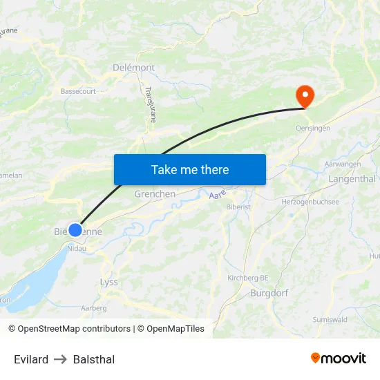 Evilard to Balsthal map