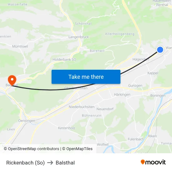 Rickenbach (So) to Balsthal map