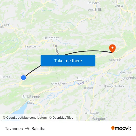 Tavannes to Balsthal map