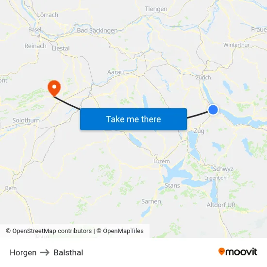 Horgen to Balsthal map