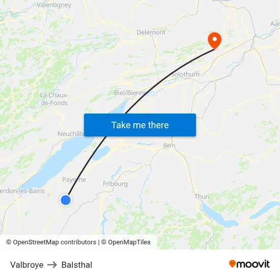 Valbroye to Balsthal map