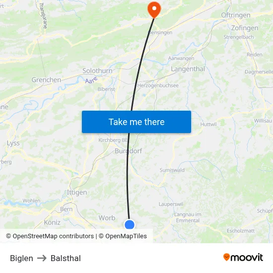 Biglen to Balsthal map