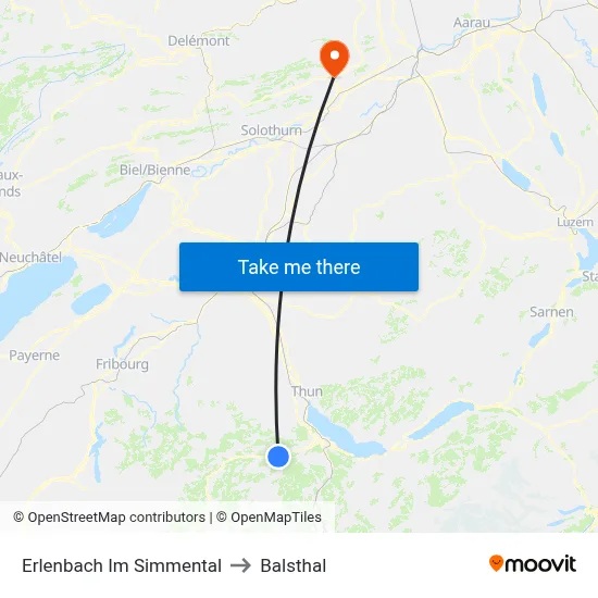 Erlenbach Im Simmental to Balsthal map