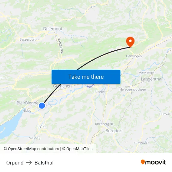 Orpund to Balsthal map