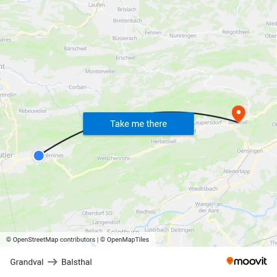 Grandval to Balsthal map