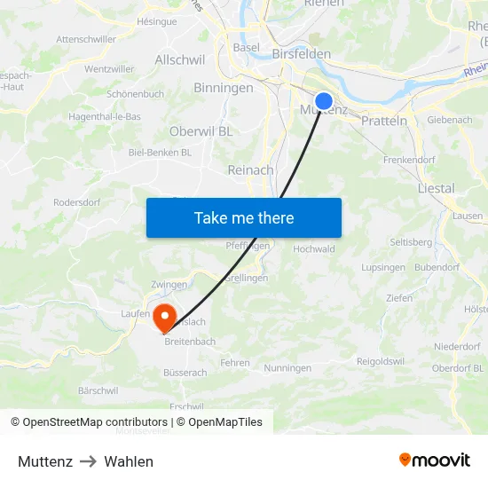 Muttenz to Wahlen map