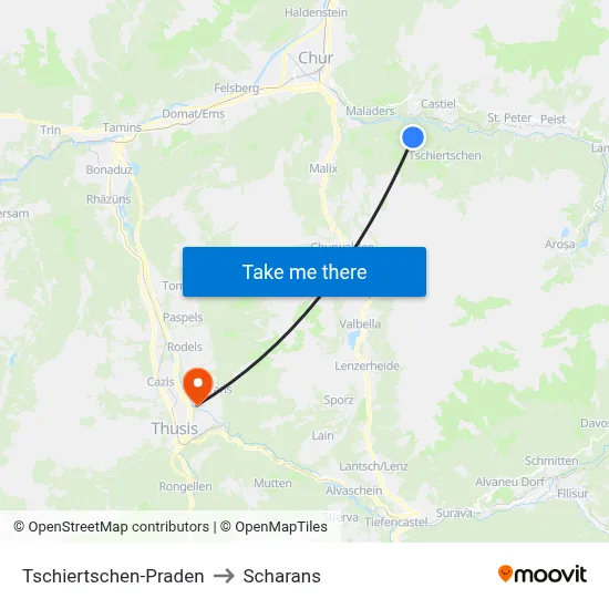 Tschiertschen-Praden to Scharans map