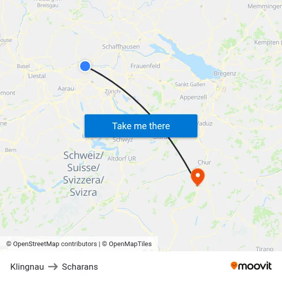 Klingnau to Scharans map