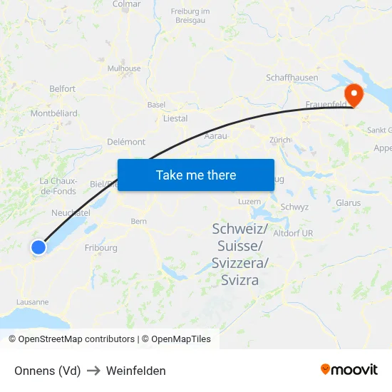 Onnens (Vd) to Weinfelden map