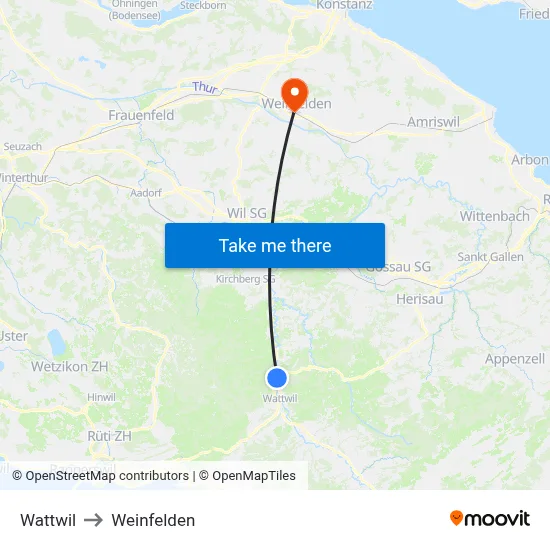 Wattwil to Weinfelden map