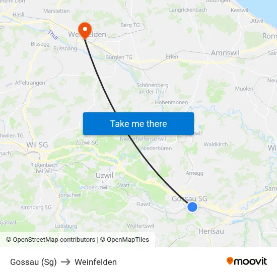 Gossau (Sg) to Weinfelden map