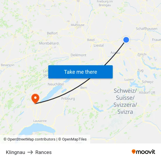 Klingnau to Rances map