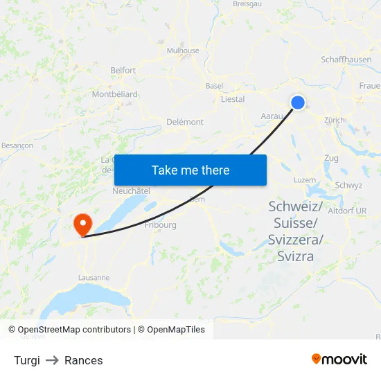 Turgi to Rances map
