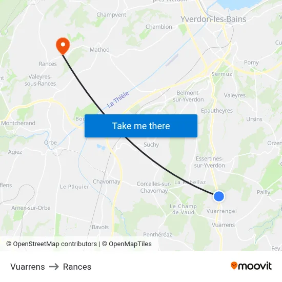 Vuarrens to Rances map
