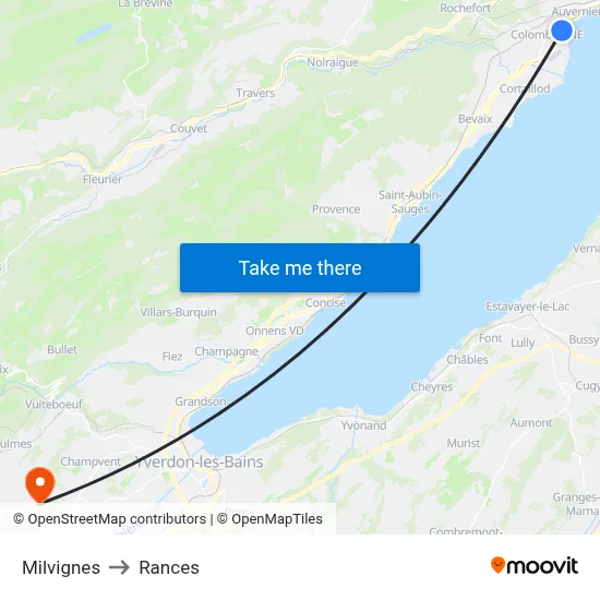Milvignes to Rances map