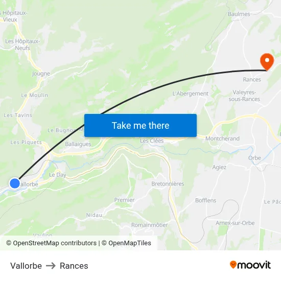 Vallorbe to Rances map