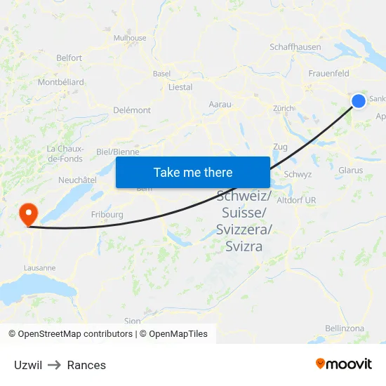 Uzwil to Rances map