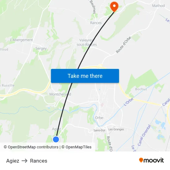 Agiez to Rances map
